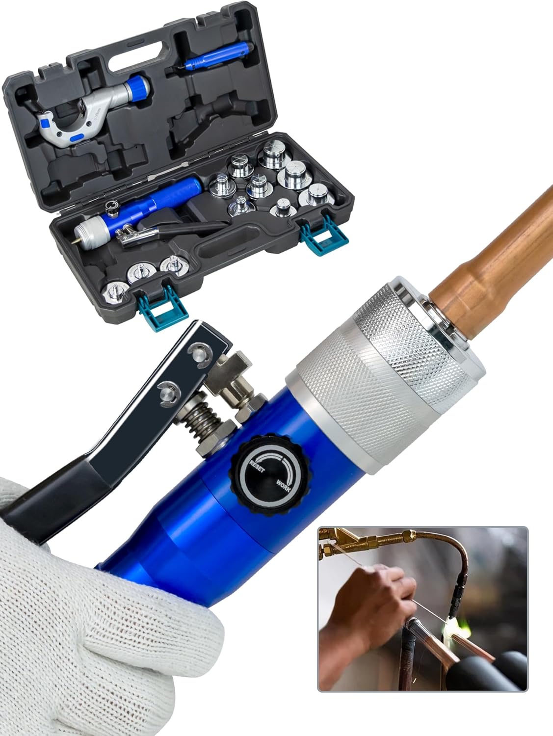 AMZCNC Hydraulic Tube Expander Compact Swaging Tool Kit with Tube Cutter, Deburring Tool and 11 Expander Heads for 3/8 to 1-5/8 Inches Copper Pipes (3/8“~1-5/8”)
