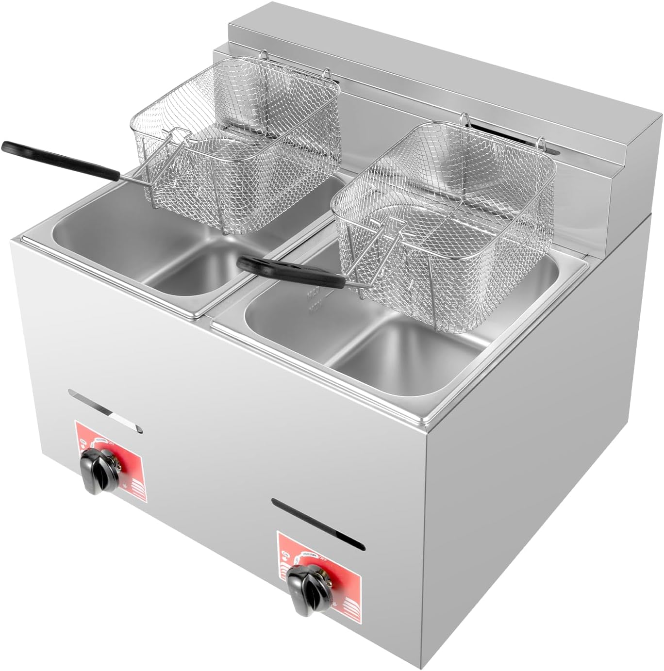 Commercial LPG Gas Deep Fryer w/ 2 Fry Baskets, Stainless Steel Countertop Gas Fryer Kitchen Frying Machine Snack Fryer for French Fry Restaurants Supermarkets Fast Food Stands