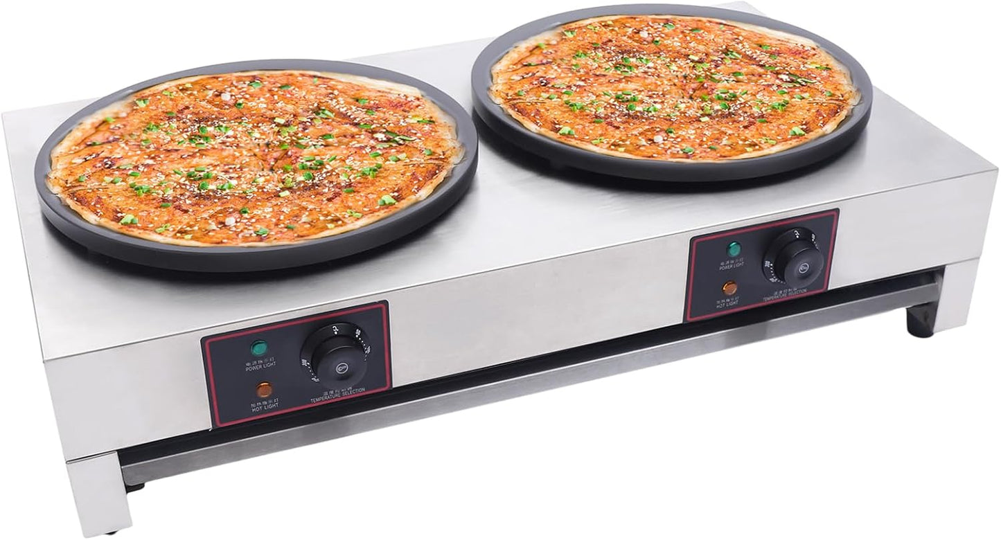 16 Inch Electric Crepe Maker, Commercial Nonstick Double Burner Griddle Pancake Crepe-Making Machine, Large Capacity Desktop Stainless Steel Hot Stove with Temperature Control