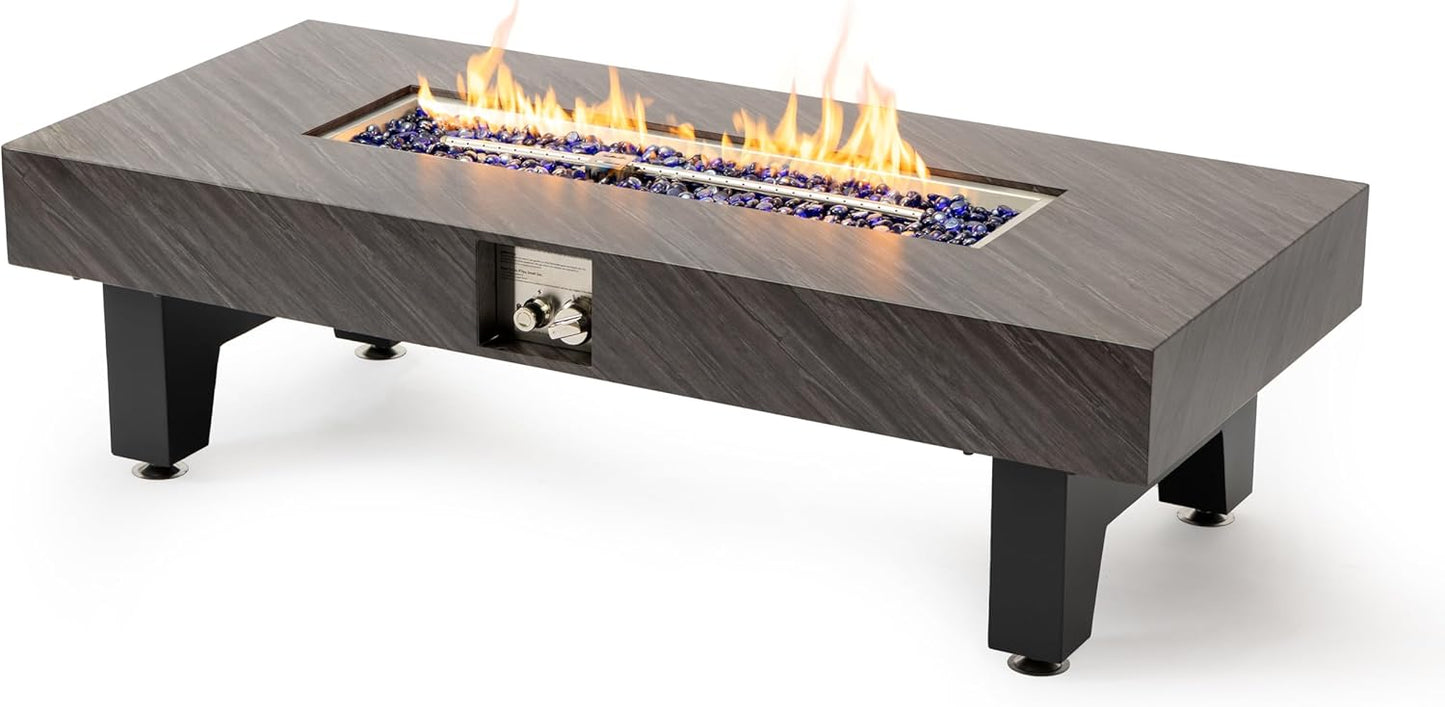 54-inch Iron Propane Fire Pit Table with Stone Finish, 50,000 BTU Outdoor Fire Pit Table with Stainless Steel Burner & Blue Glass Stones, Includes Waterproof Cover for Patio, Deck - Black