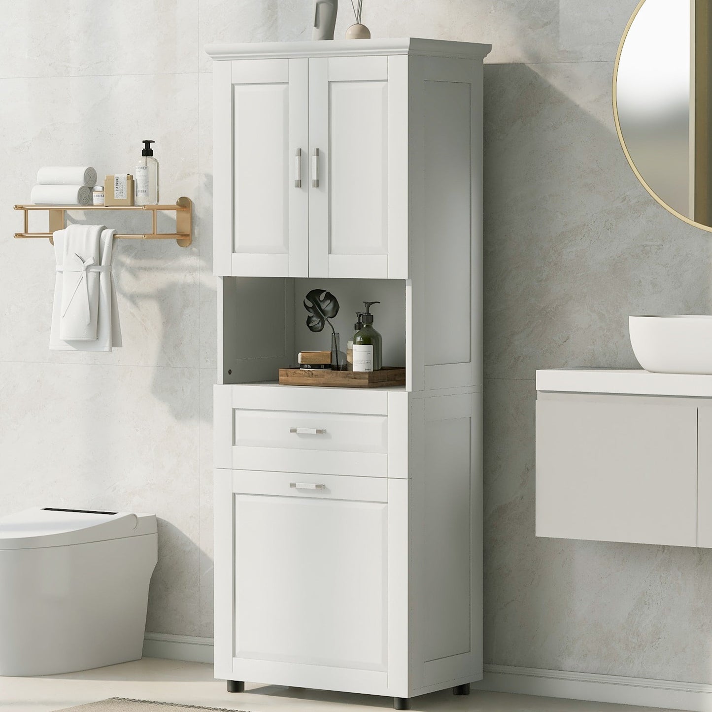 Dexmalle Modern Tall Bathroom Cabinet with Laundry Basket