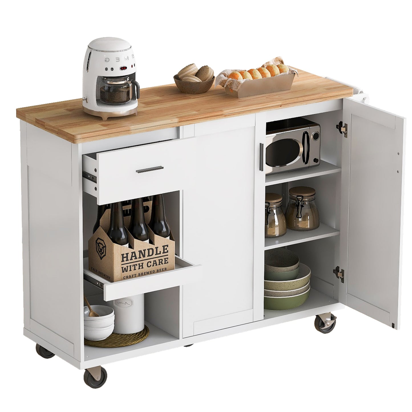Oaks Decor White MDF Base with MDF Rolling Kitchen Island ( 33-in x 49-in x 38-in )