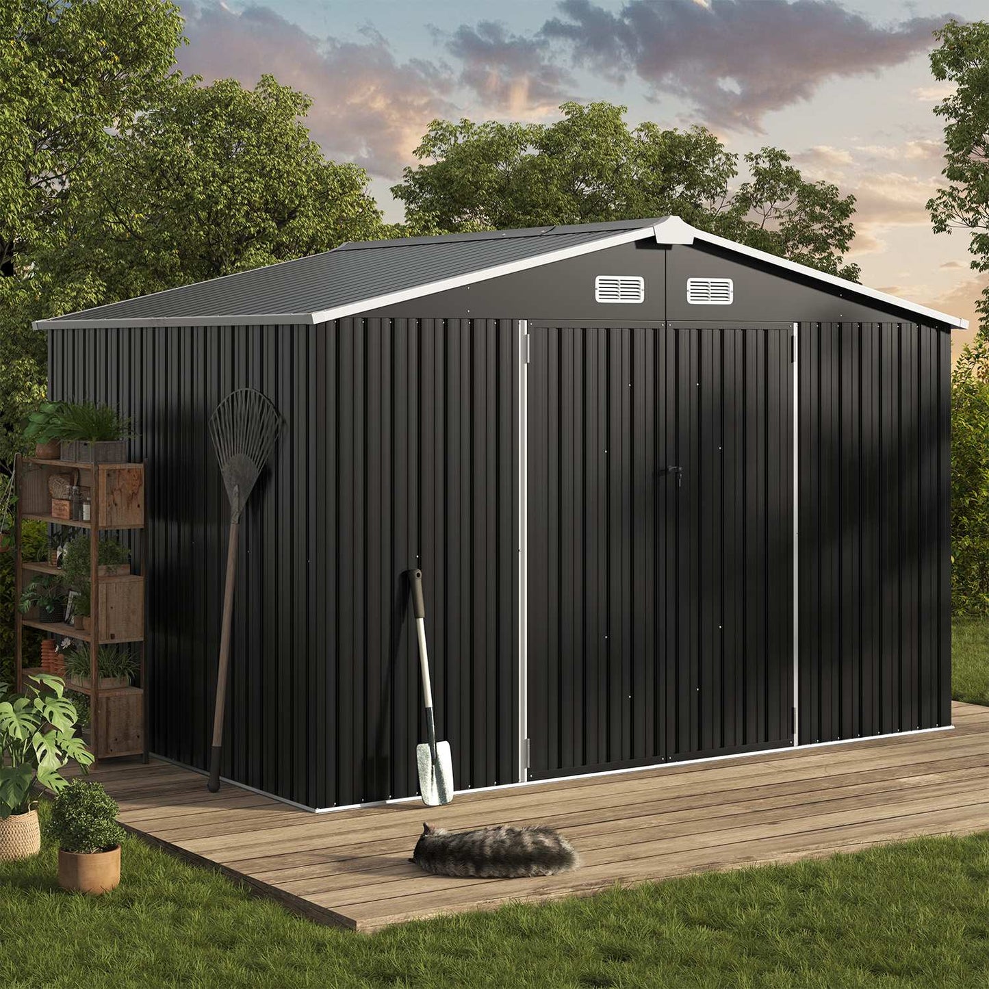 Sunmthink 10-ft x 8-ft Black Outdoor Metal Storage Shed with Double Hinged Large Lockable Door Sloped Roof for Garden Backyard Patio Utility Use