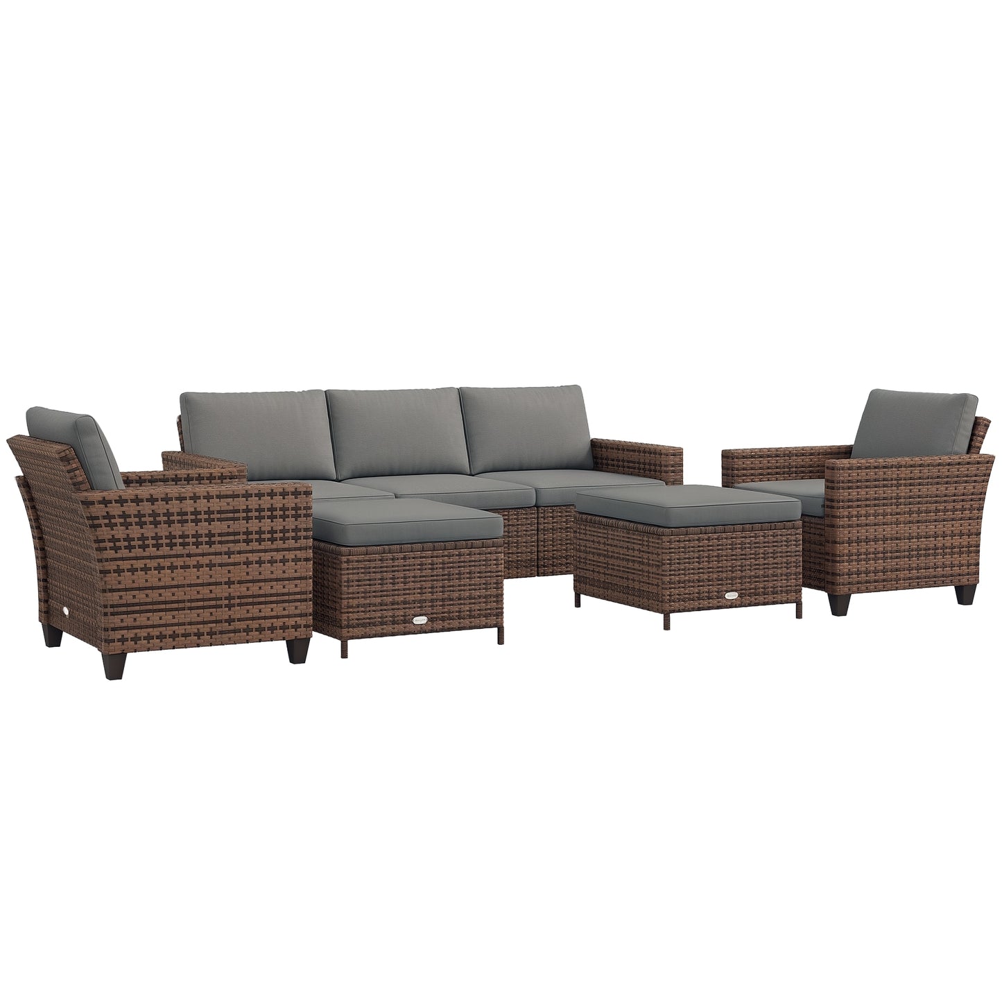 Outsunny 5 Piece Patio Furniture Set with Cushions Outdoor Conversation Set with Rattan 3-Seater Sofa Chairs and Footstools for Backyard Lawn and Pool Mixed Brown
