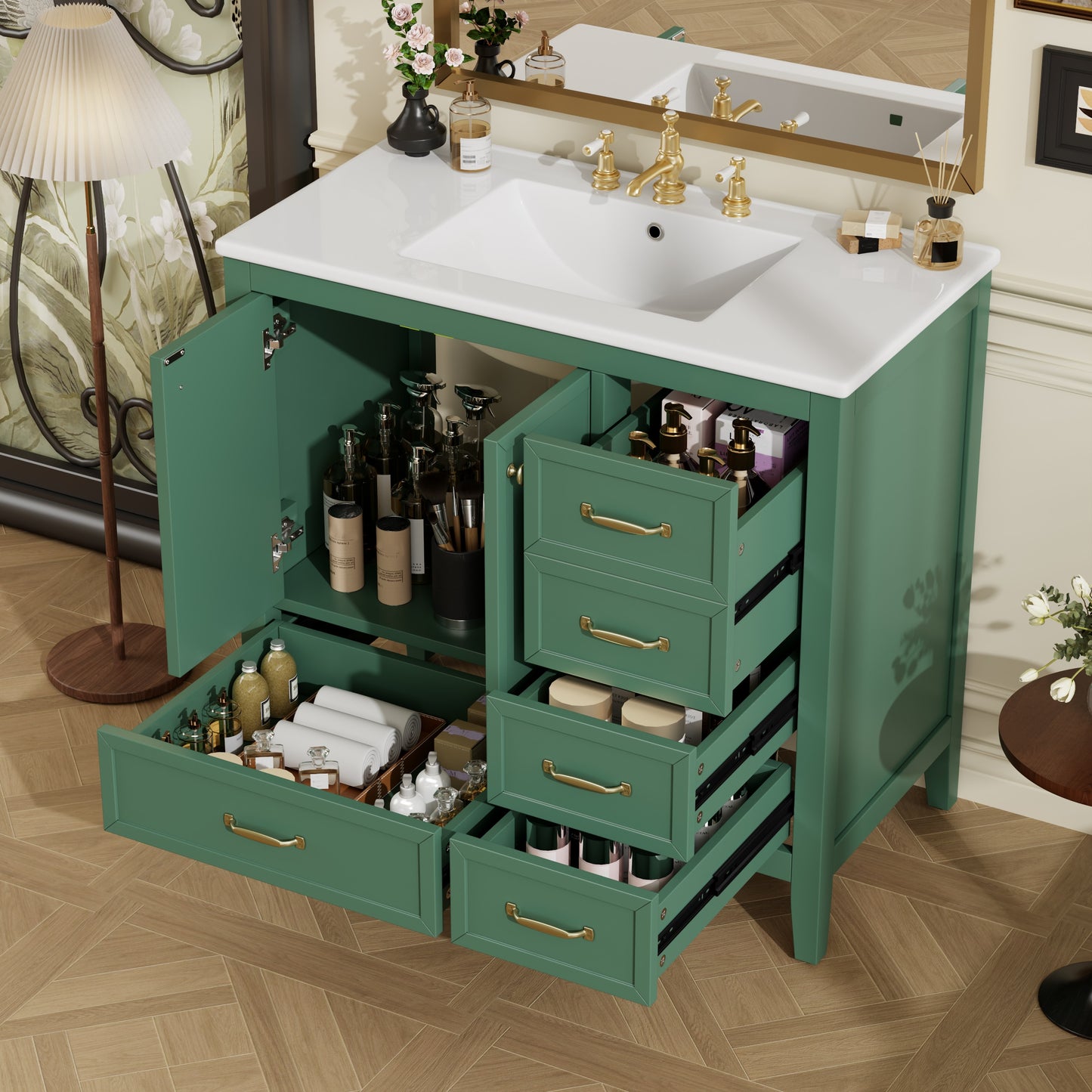 Christopher Knight Home 36 Inches Bathroom Vanity with Sink Bathroom Cabinet with Soft-Closing Door 4 Drawers of Different Sizes Solid Wood Frame and Leg One Package Green