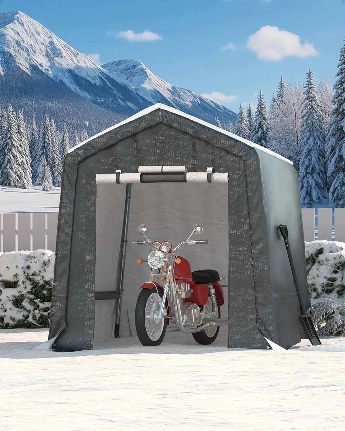 6x8 ft Outdoor Portable Storage Shed with Roll-Up Door & Vent, 240G Heavy-Duty Shelter Waterproof PE Tarp, UV-Resistant Storage Sheds for Motorcycle, Firewood, Garden and Tools, Gray