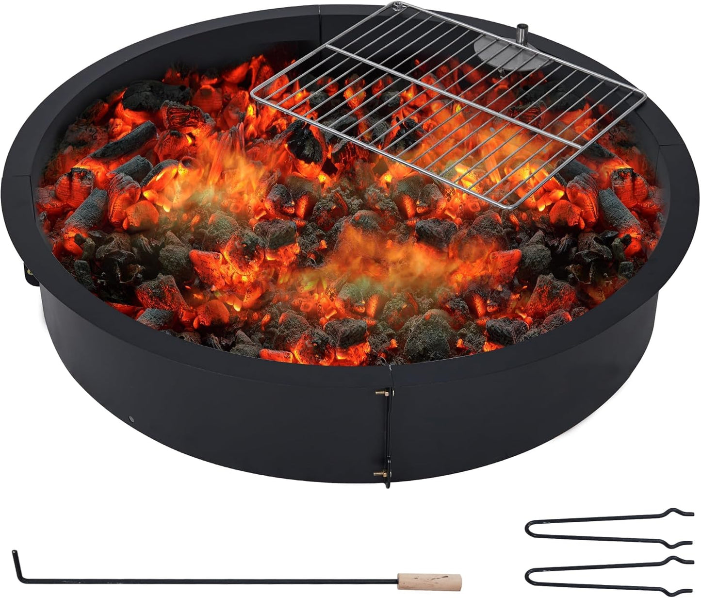 PrecisionAuto Smokeless Fire Pit Ring Insert Outdoor - 36 Inch Heavy Duty Round Wood Burning Outdoor Fireplaces with Stainless Steel BBQ Mesh and Hook,36"x36"x7.8"