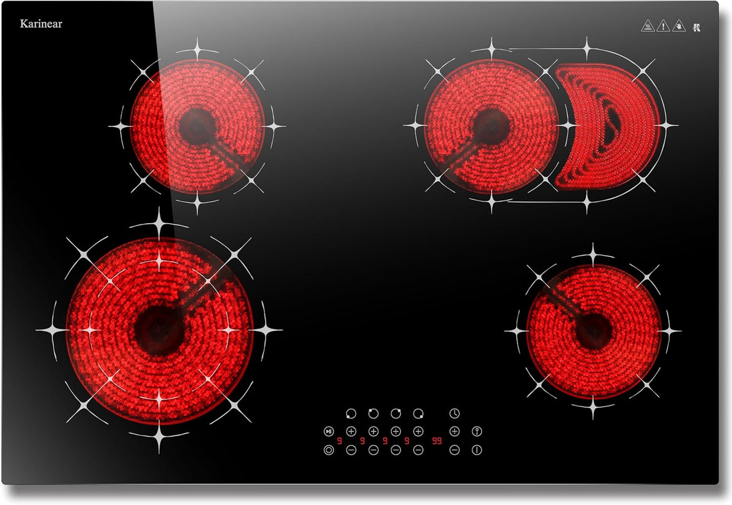 Karinear 30 Inch 4 Burner Electric Stovetop, Sensor Touch Control, Black Glass Ceramic Cooktop, 6600W 220V (No Plug)