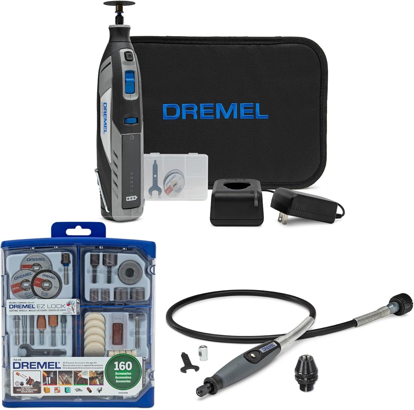 Dremel 8250 12V Lithium-Ion Battery Cordless Rotary Tool with Flex-Shaft, Accessory Kit Bundle (4 Items)