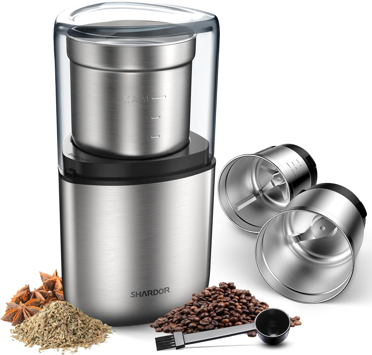 SHARDOR Coffee Grinder Electric Herb\/Wet Grinder for Spices and Seeds with 2 Removable Stainless Steel Bowls, Silver