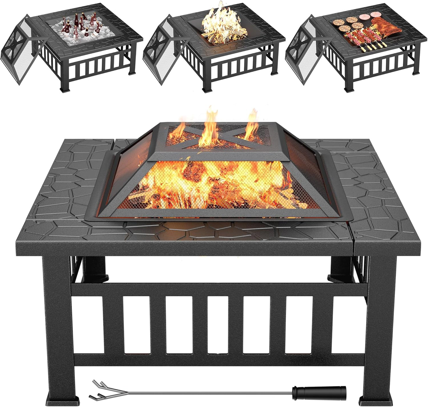 GUNJI 32" Outdoor Fire Pit Table - Heavy-Duty Metal, Waterproof Cover, for Warmth & Grilling in Patio/Camping