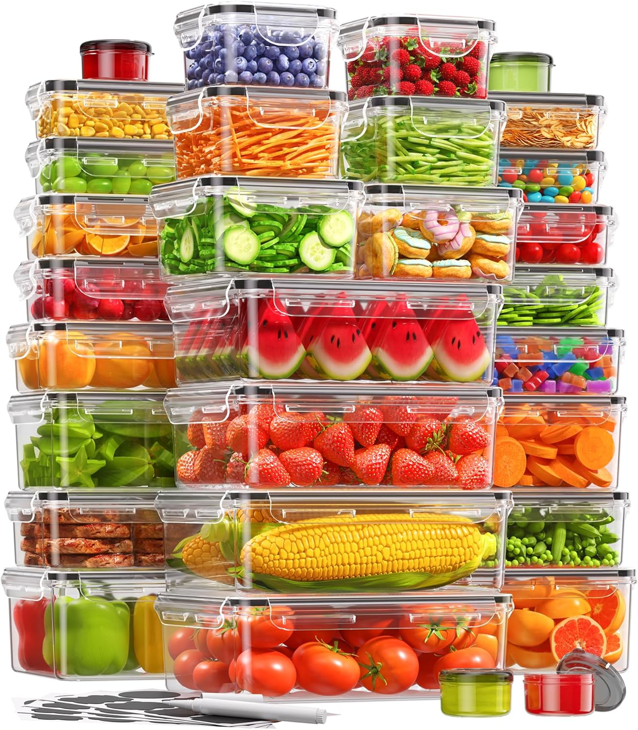 KEMETHY 60 PCS Food Storage Containers with Lids, BPA-Free Plastic Food Containers for Kitchen Storage, Leak Proof, Reusable Meal Prep Containers with Labels & Pen