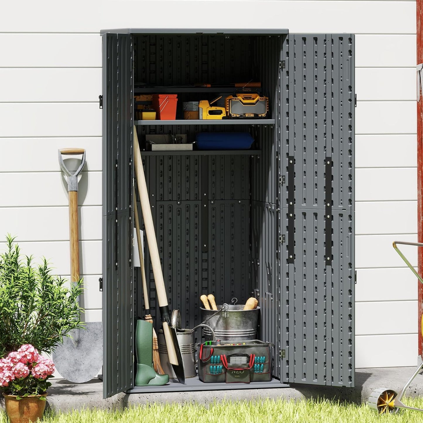 EHHLY Heavy Duty Tall Storage Cabinet Outdoor Weatherproof, 28 Cuft Garage Storage Cabinet with 4 Adjustable Shelves, Lockable Kitchen Pantry Closer Organizer, 31Wx23Lx66H, Sage Grey