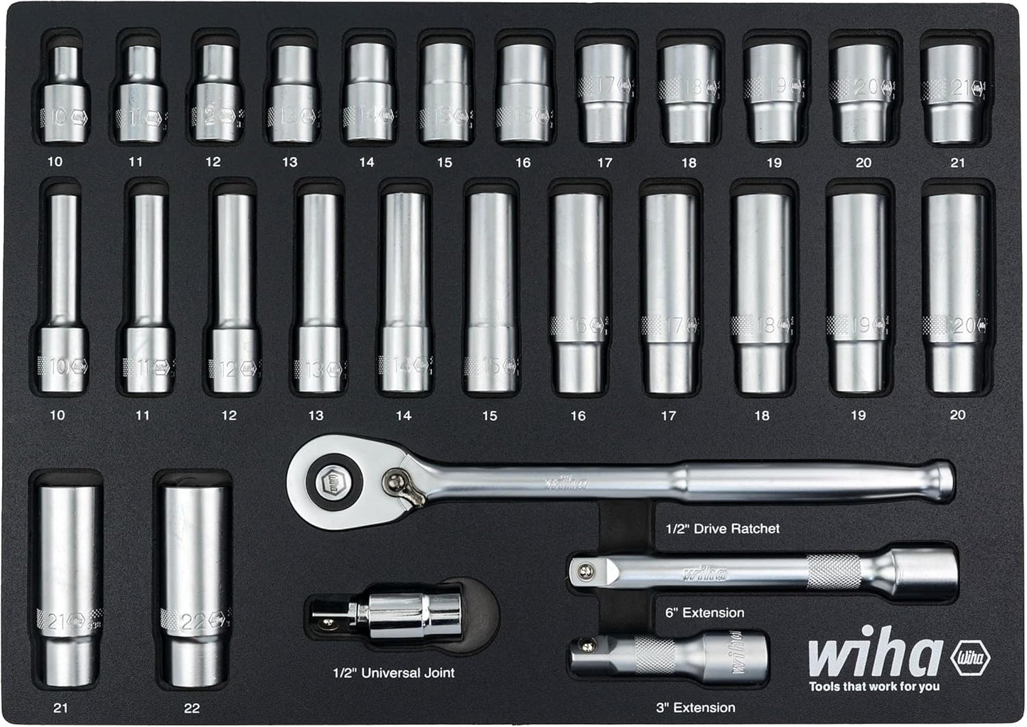 Wiha 33895 29 Piece 1/2" Drive Professional Standard and Deep Socket Tray Set - Metric