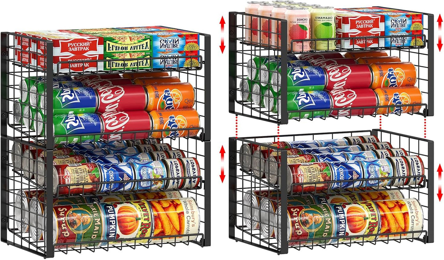 2 Pack Stackable Can Organizer for Pantry, Adjustable Can Holder Rack for Canned Food Soda Drink Goods Storage up to 60 Cans Storage, 2-Tier, Black