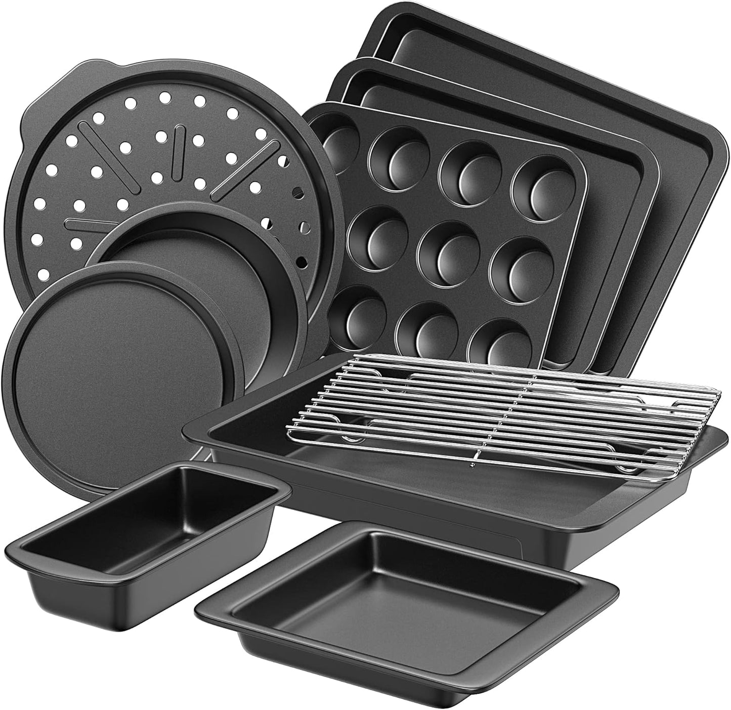 HONGBAKE Bakeware Sets, Baking Pans Set, Nonstick Oven Pan for Kitchen with Wider Grips, 10 Pieces Including Rack, Cookie Sheet, Cake Pans, Loaf Pan, Muffin Pan, Pizza Pan - Grey