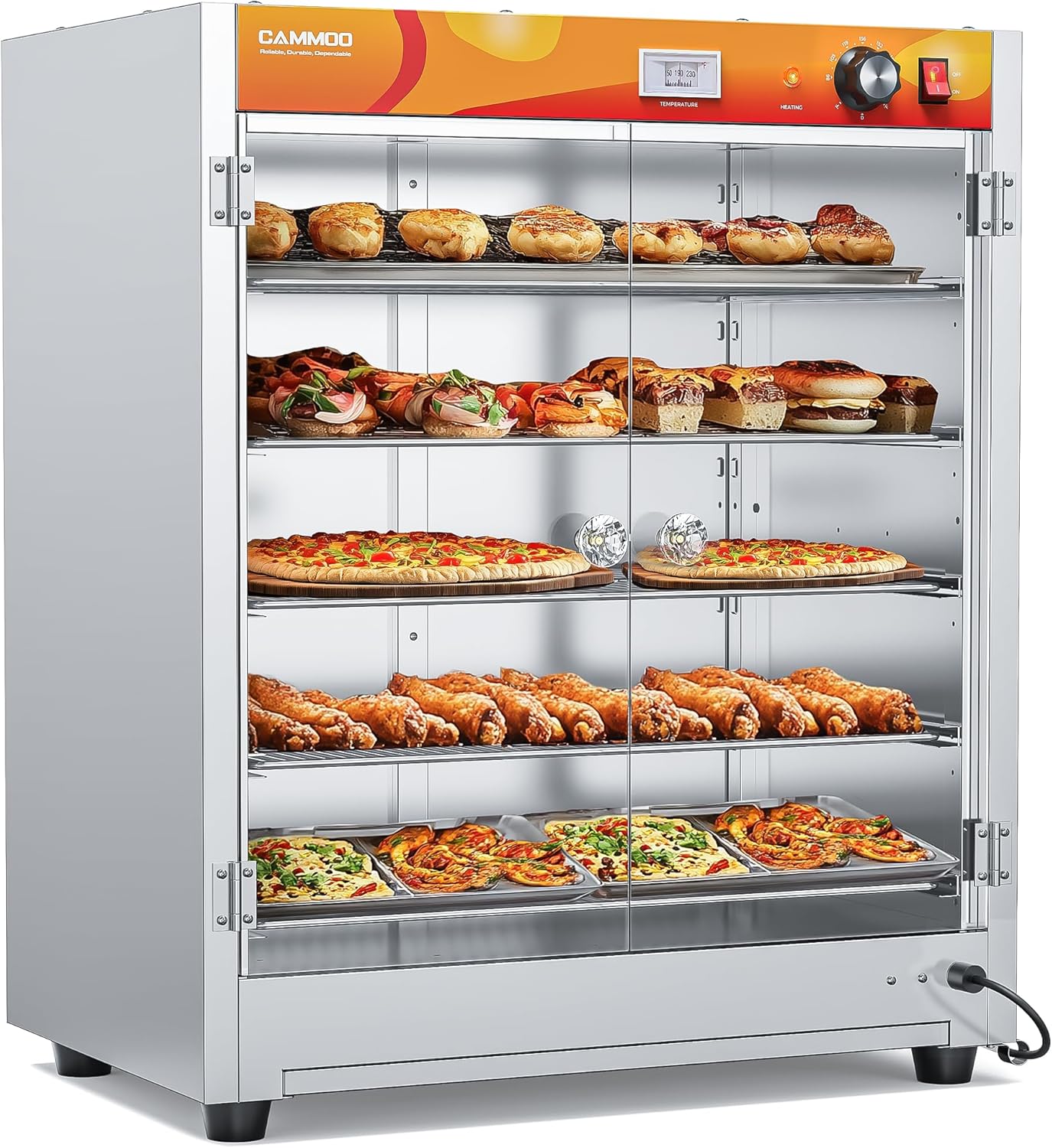 133Qt 5-Tier 900W Commercial Food Warmer w/ 304 Blued Stainless Steel Heating Element, Double-Tempered Glass Door, Adjustable Shelf, Electric Catering Hot Box Countertop Heated Holding Cabinet