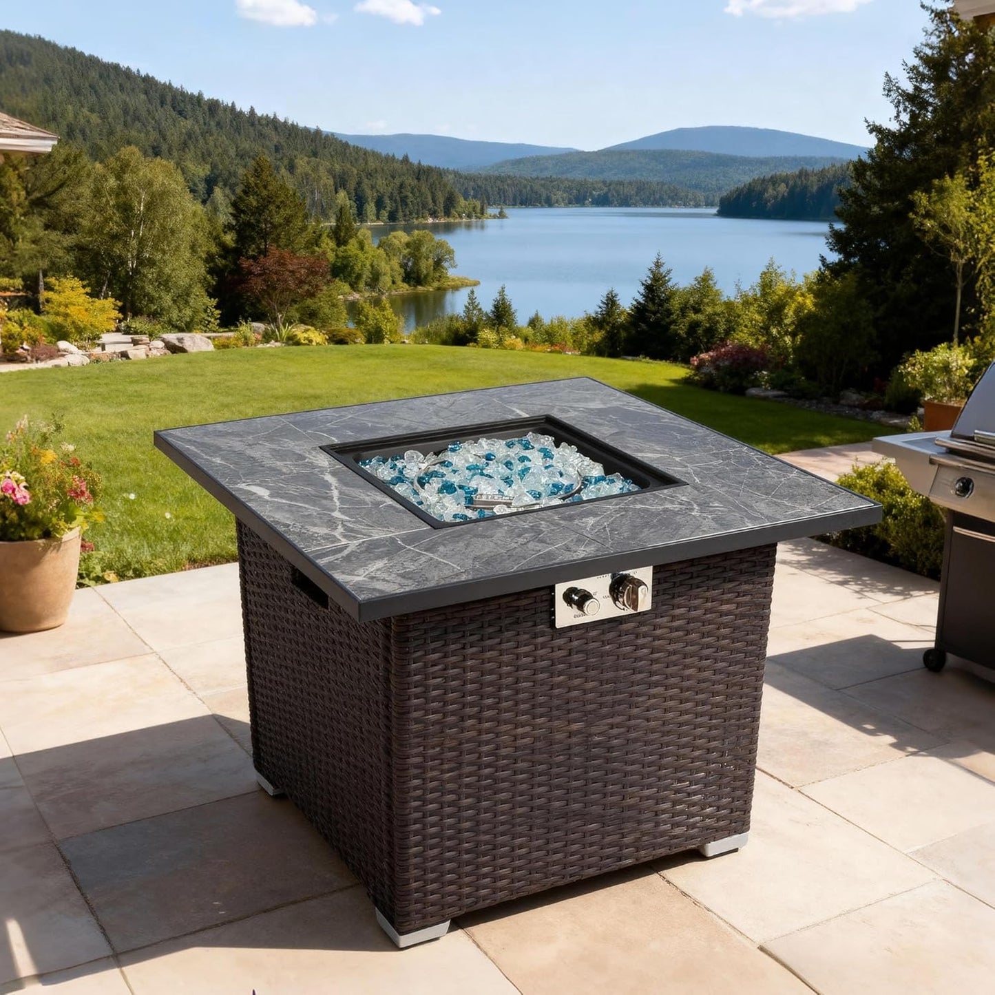 30" Propane Gas Fire Pit Table, 50000 BTU Square Tile Tabletop Fire Pit with Beautiful Wicker Base, glass Stone, Waterproof Cover, Sturdy Tabletop Cover, for Outside Patio Deck Garden Courtyard, Brown