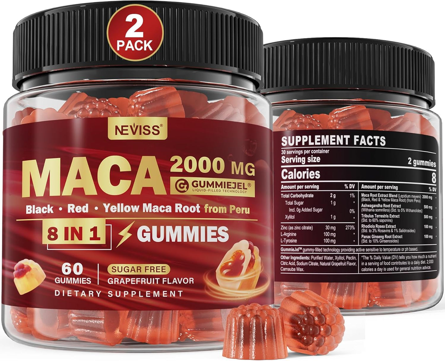 2 Pack Sugar Free Maca Root Gummies 2000mg with Ashwagandha, Tribulus Terrestris, Rhodiola, Panax Ginseng, L Arginine & L Tyrosine - Organic Black Red Yellow Maca Root for Women Men Energy Support