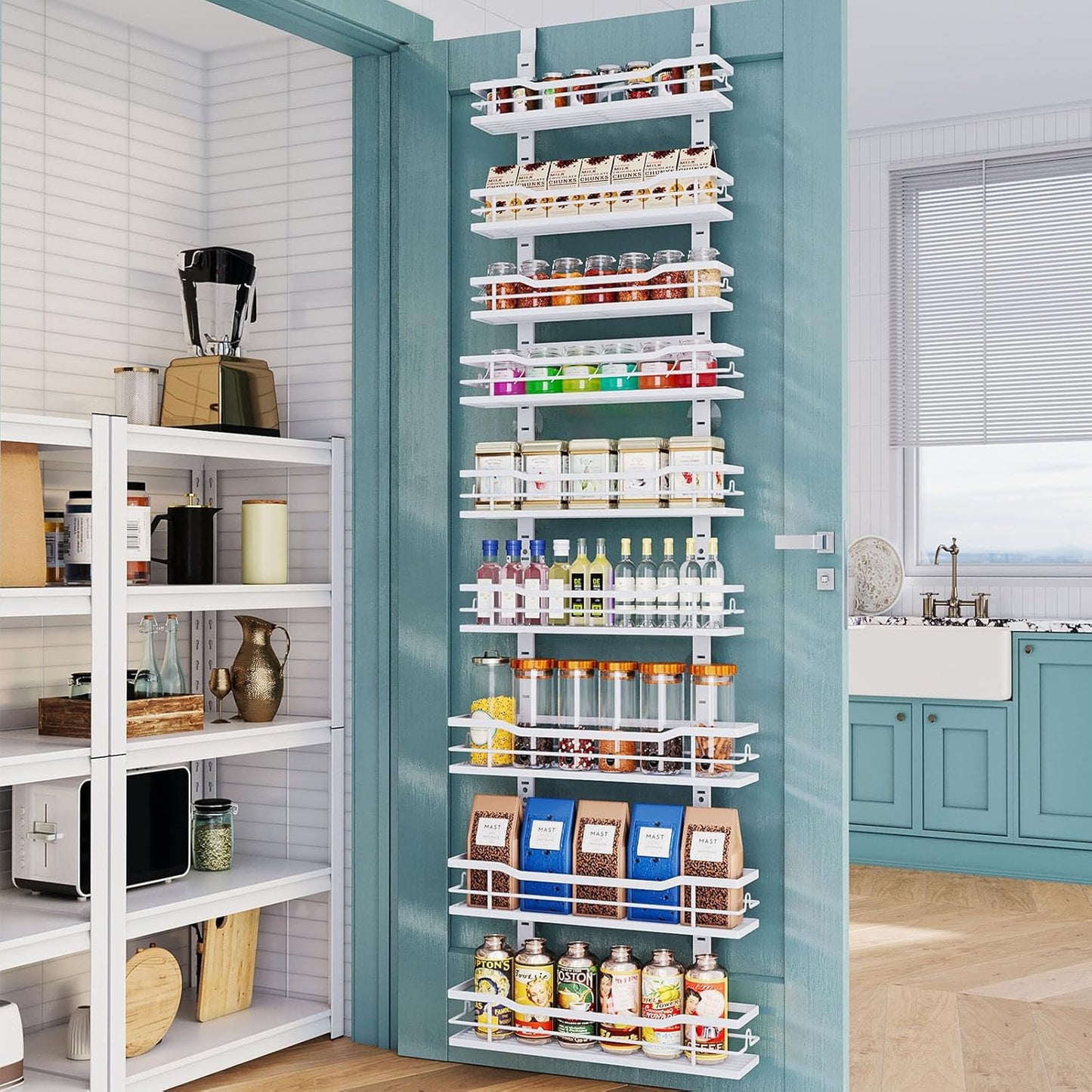 Eastherry Over The Door Pantry Organizer,9-Tier Over The Door Organizer with Adjustable Basket,Metal Hanging Pantry Organizers and Storage for Kitchen, Back of Door Seasoning Rack