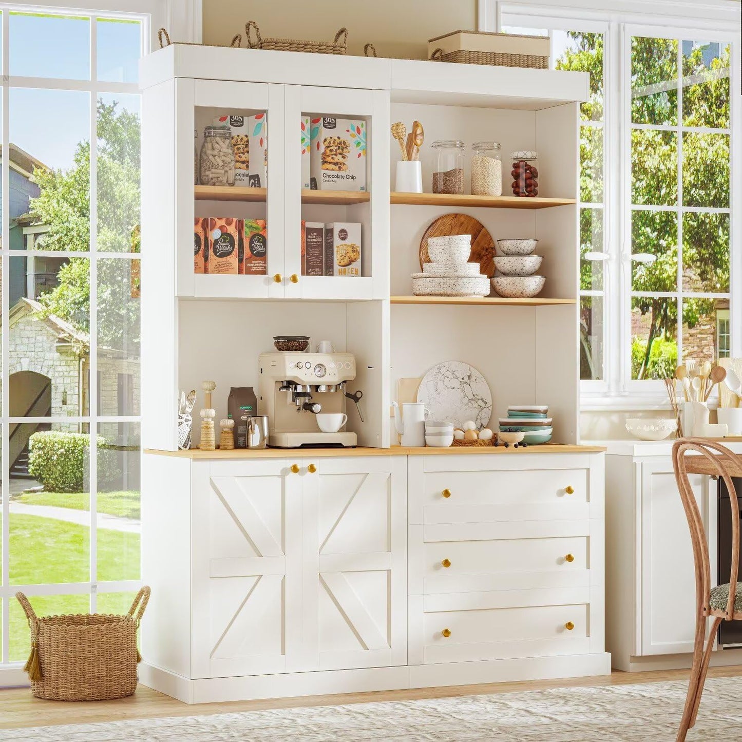 ivaniti 71" Farmhouse Kitchen Pantry Cabinet Set, White Freestanding Storage Hutch with Glass Doors, Drawers & Countertop, Microwave Stand & Coffee Bar, Adjustable Shelves, 2-Piece