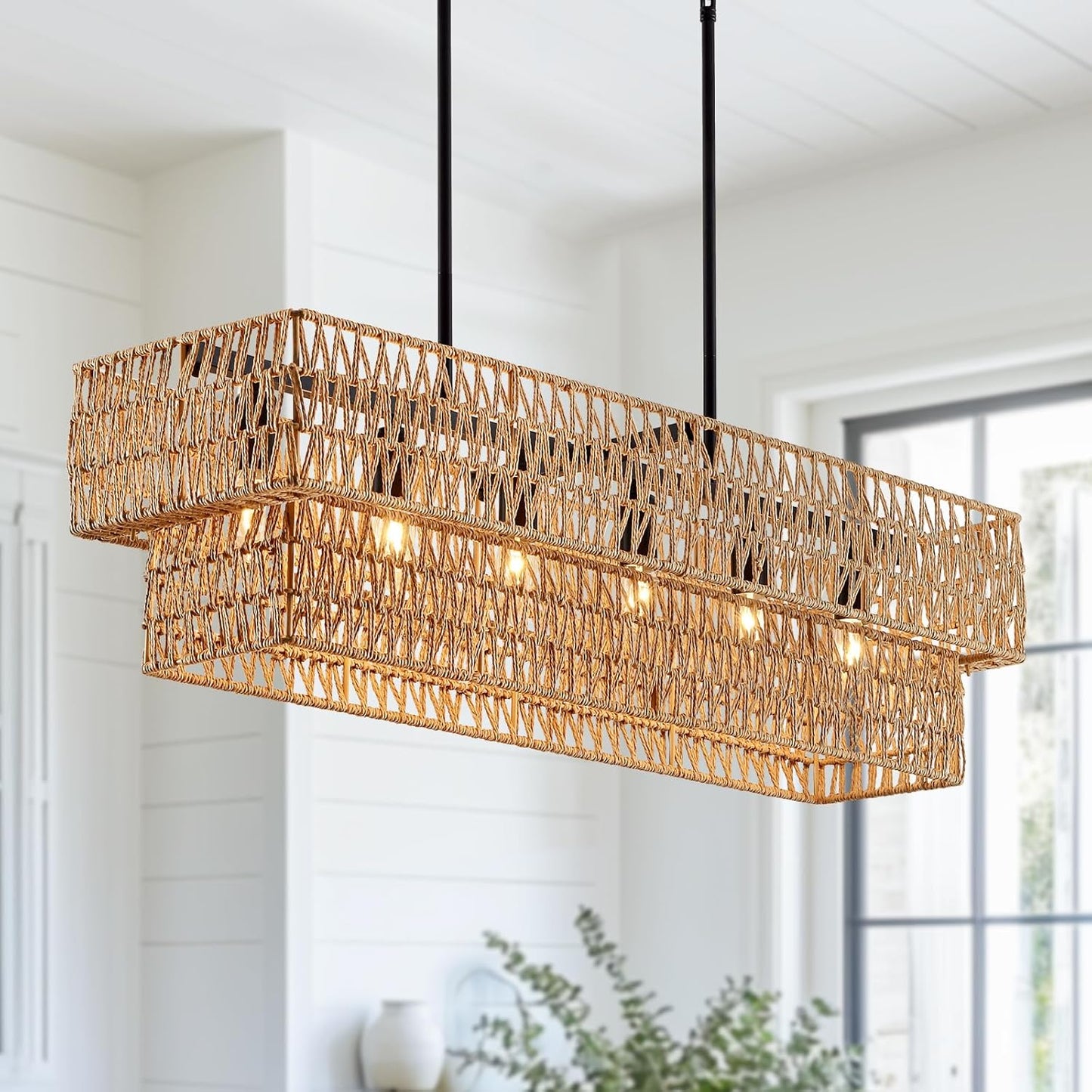 InterMaka 33.5\u201D Hand Woven Rattan 6-Light Chandeliers for Dining Room, 2 Layer Boho Linear Chandelier Rectangle Farmhouse Pendant Light Fixture for Kitchen Island Bar Living Room