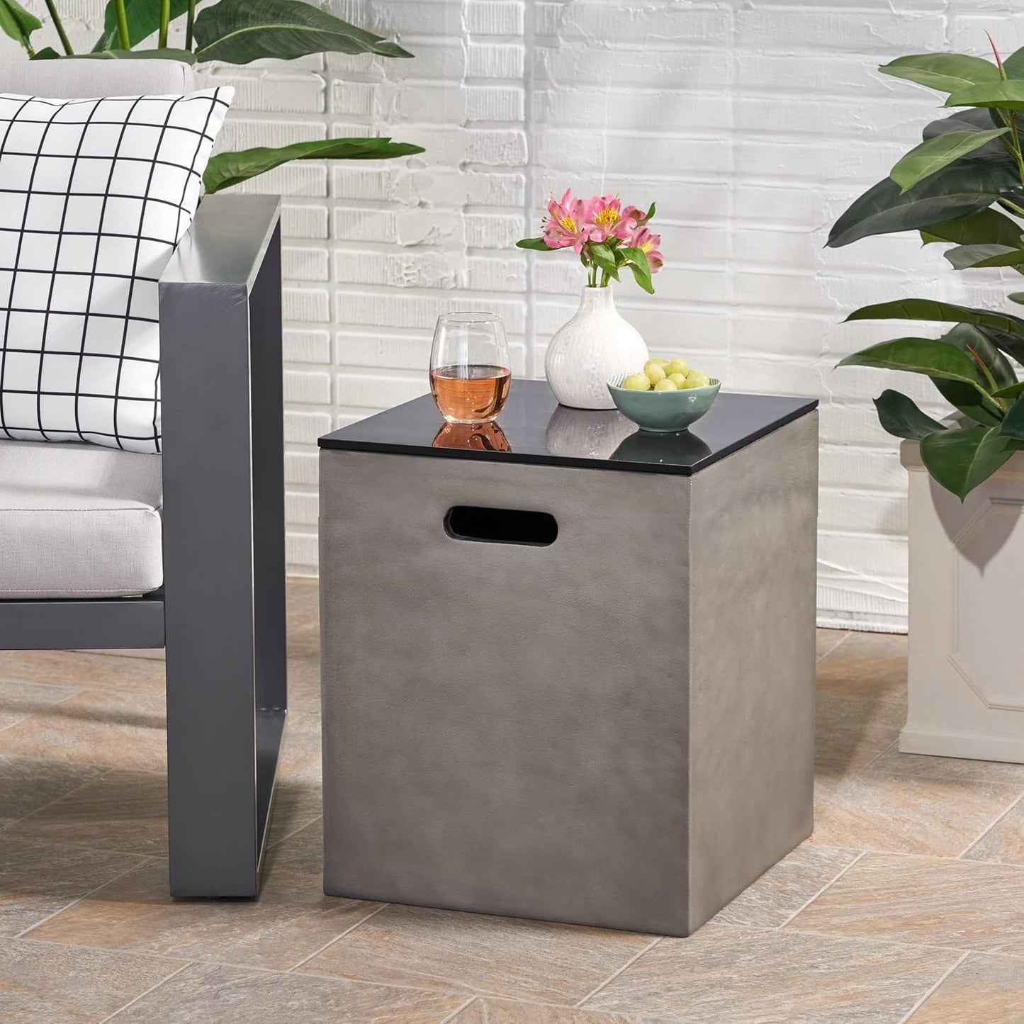 Outdoor Tank Cover Table, Tank Holder Square Tank Hideaway Table with Side Handles, Round Gas Tank Holder for Standard 20 LBS Propane Gas Tank, Outdoor Side Table (Black+Gray\/MgO)