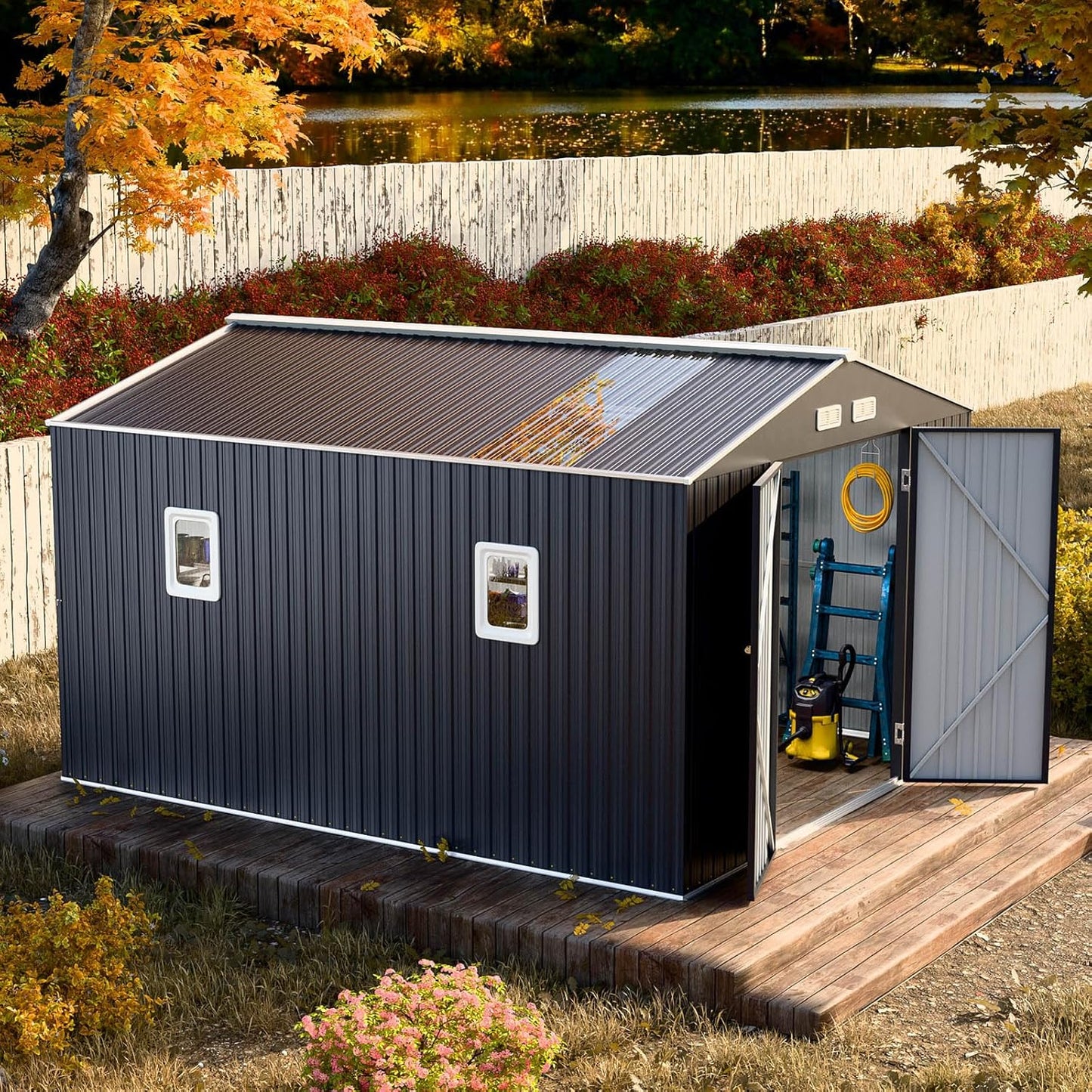 WELYAS 10x10 FT Metal Outdoor Shed with Floor Base Waterproof Large Tool House with Unique Clear Roof Skyview Windows Air Vents Door for Garden Patio Backyard Storage Lawnmower,Garage,Dark Grey