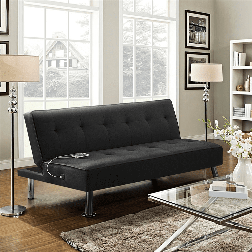 Alden Design 66" Modern Fabric Convertible Futon Sofa Bed with USB, Black