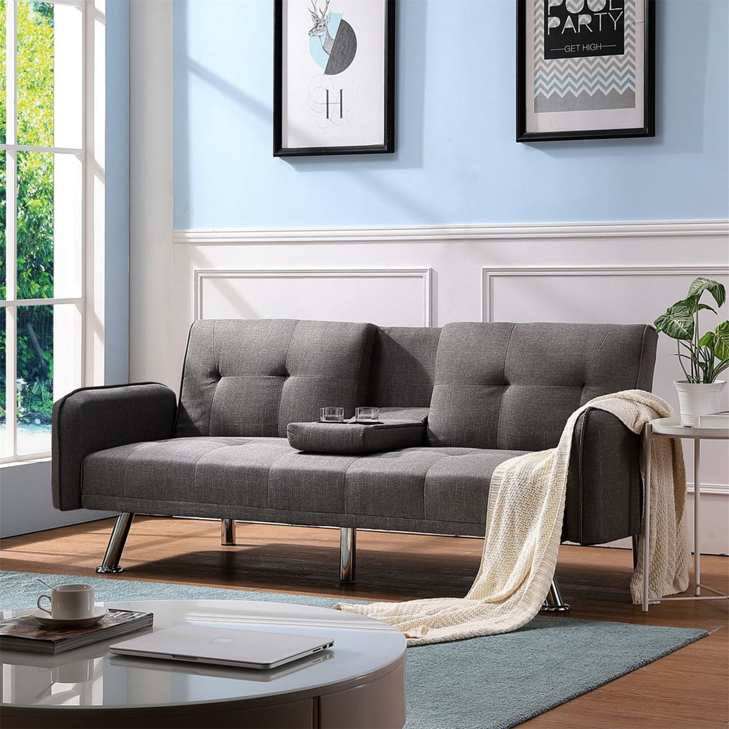 Aukfa 75" Square Arm Futon Convertible Sofa Bed for Home Office, 2 Cup Holders, Linen, Dark Gray