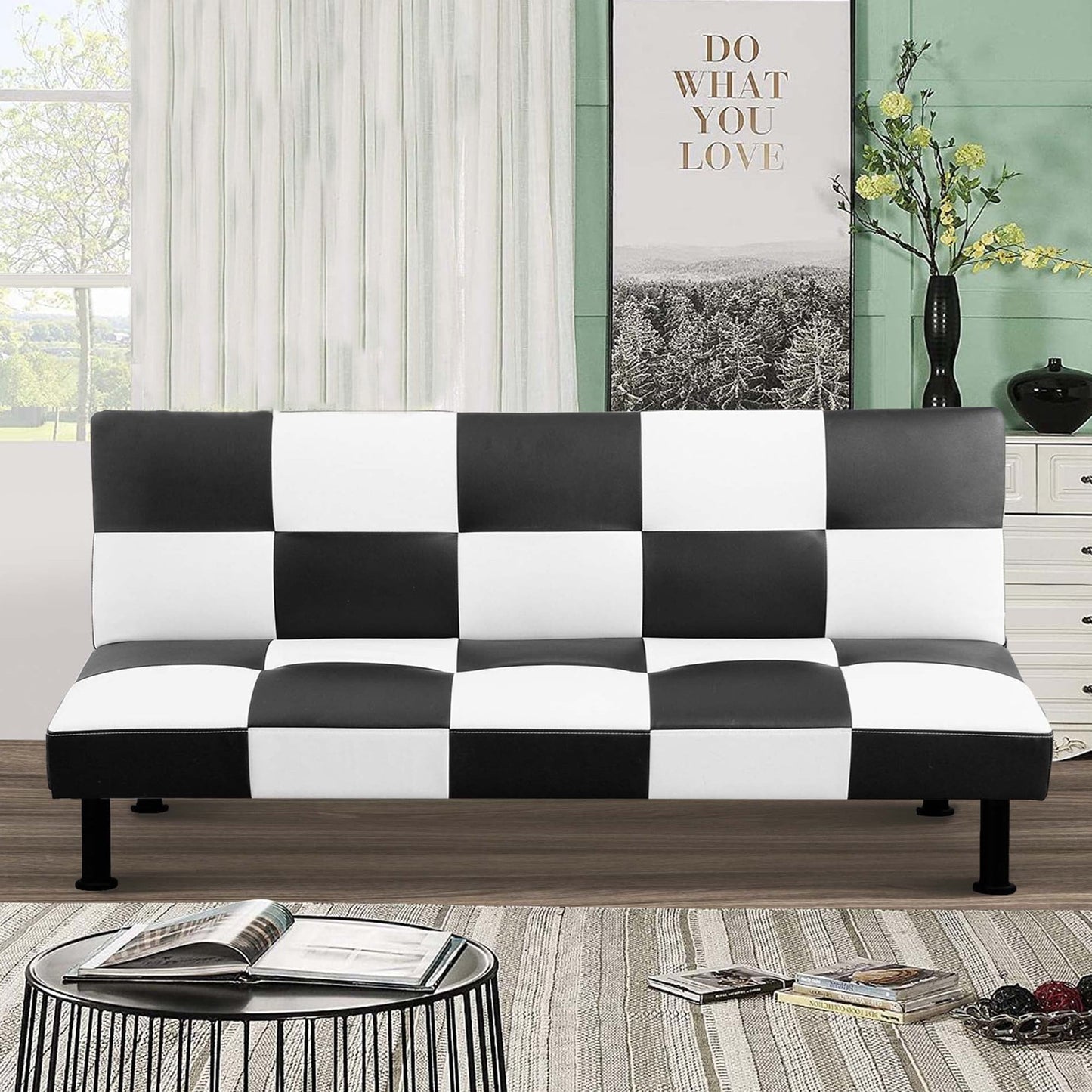 Aukfa Faux Leather Futon Convertible Sofa Bed for Home Office Twin Size, Black&White
