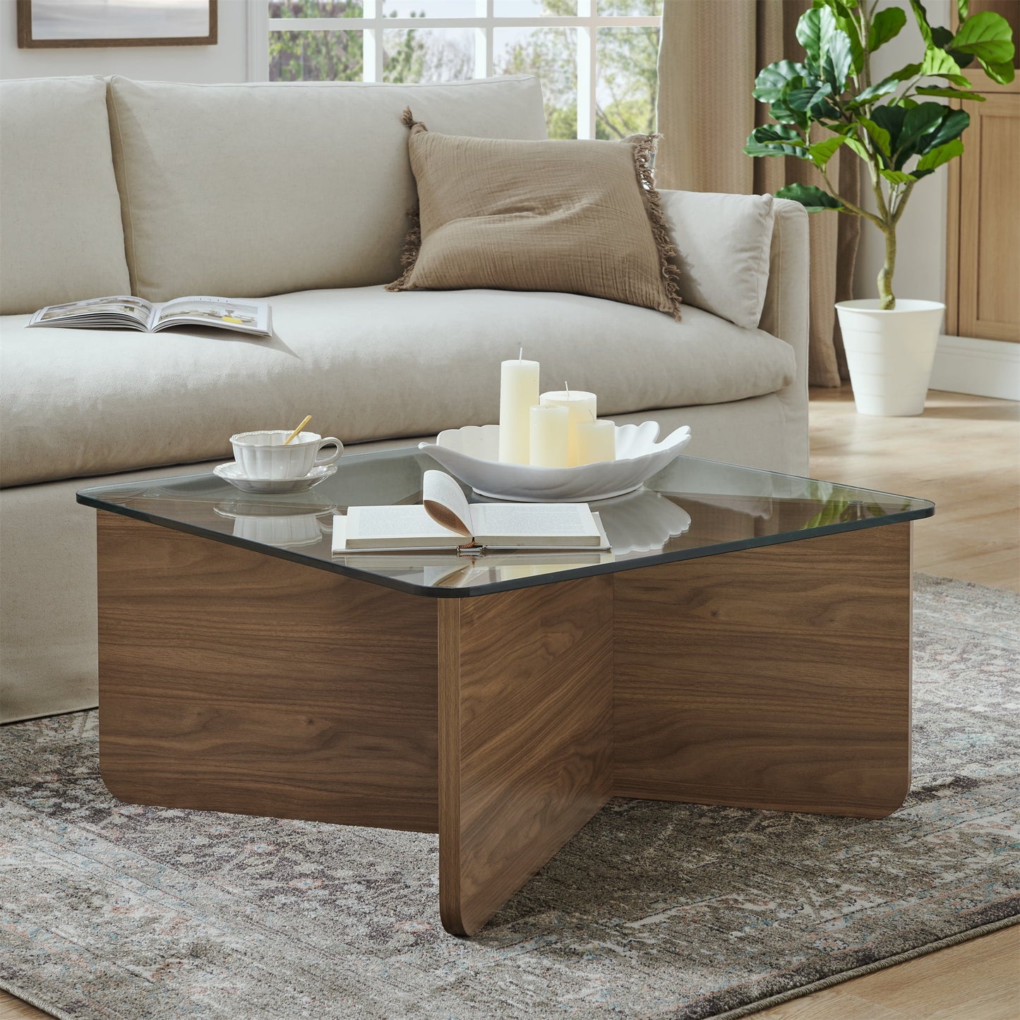 Aukfa Mid-Century Modern Glass Coffee Table for Living Room,Square Cocktail Table,Wood Base,Walnut