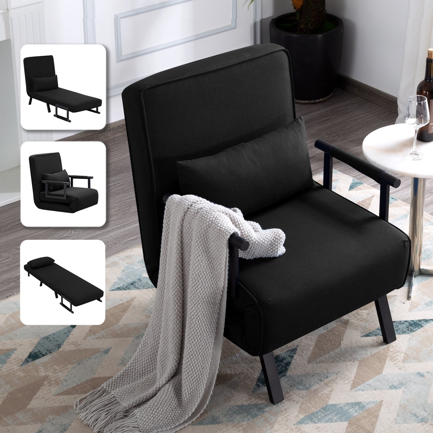 BSHTI 4-in-1 Convertible Sofa Bed,with 5 Adjustable Position of Backrest,Polyester Upholstery,Lounge Folding Arm Chair,Lumbar Pillow Included,Black