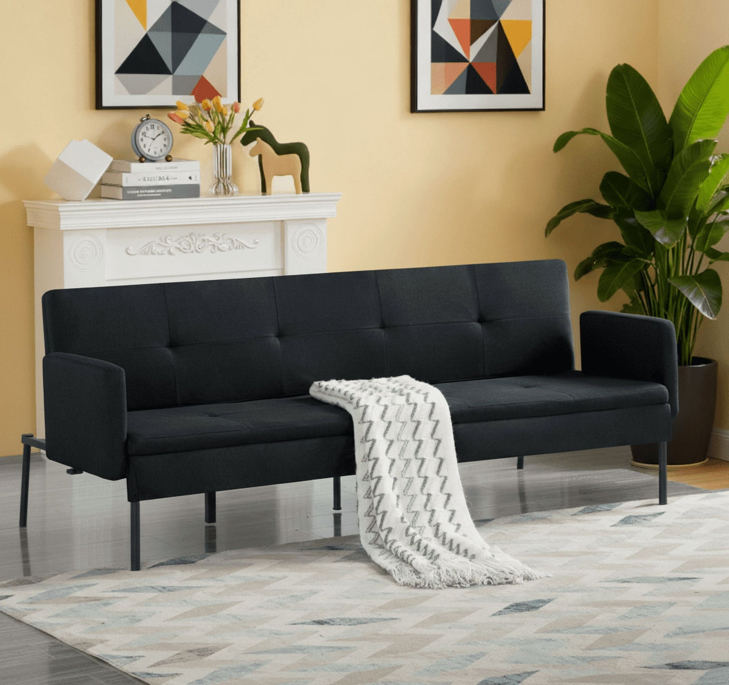 BSHTI 74.8” Futon Sofa Bed,Black Polyester Upholstered,Twin Size Convertible Sofa,5 Adjustable Positions Backrest for Living Room,Office,Small Apartment