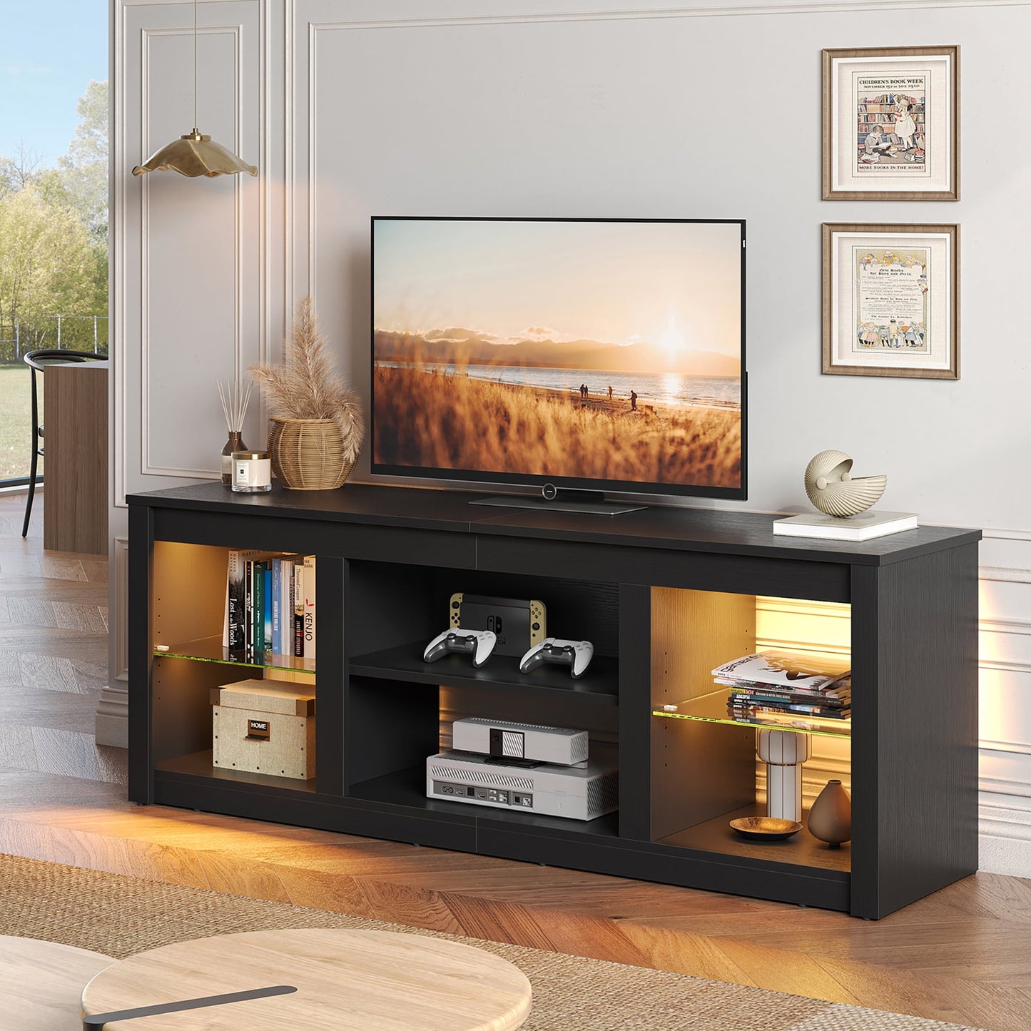 Bestier LED TV Stand for TVs up to 70", Entertainment Center with Storage Shelves, Black