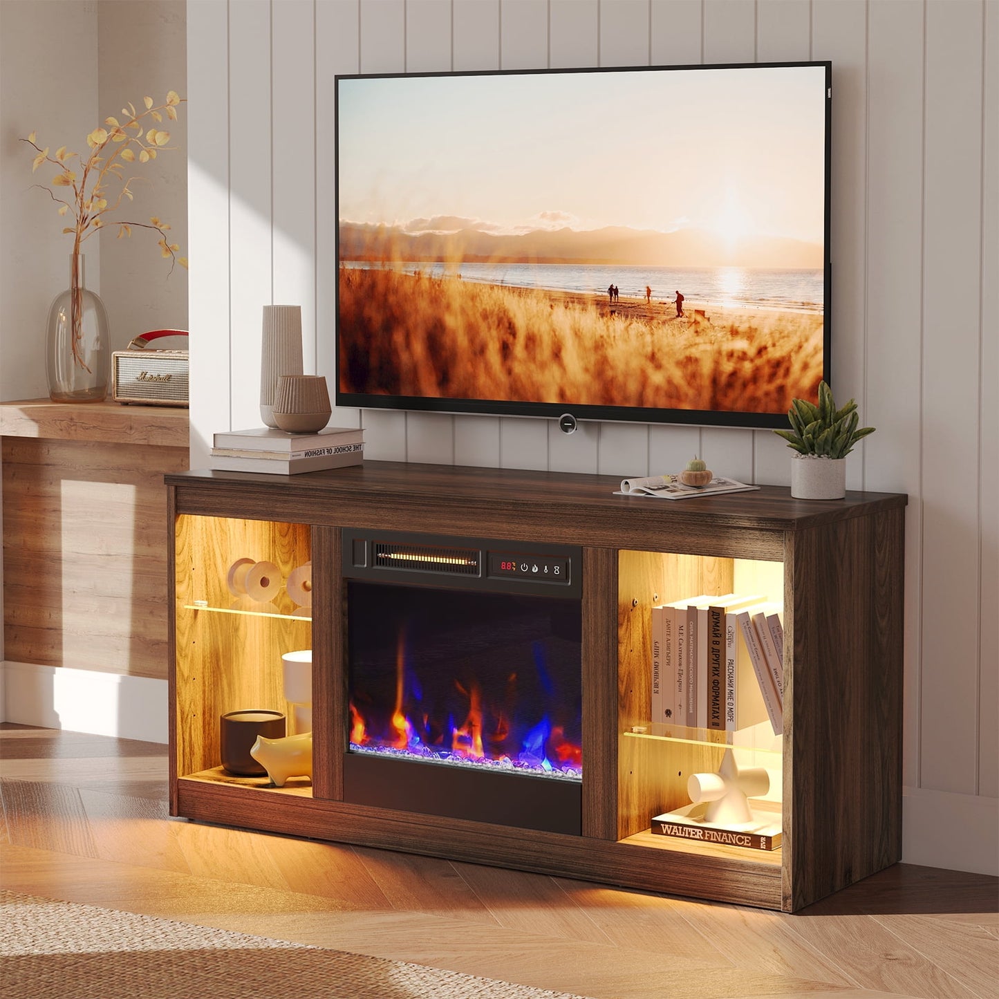 Bestier Modern Electric Fireplace TV Stand for TVs up to 55", with LED and Glass Shelves, Walnut