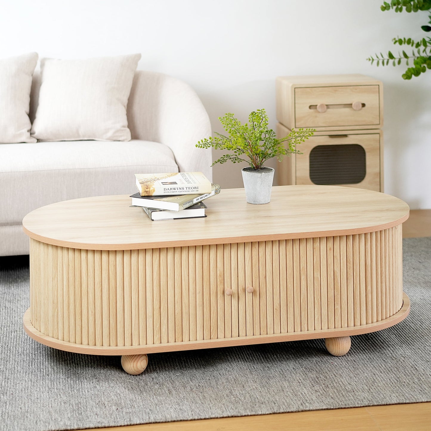 Christopher Knight Home Oval Coffee Table with Accordion Doors, 2-Tier Storage Table, Natural