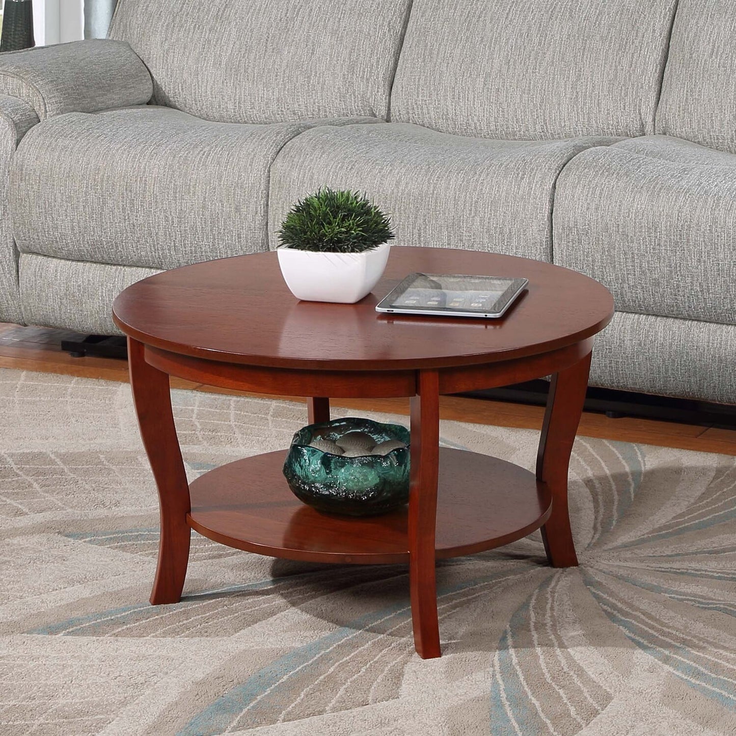 Convenience Concepts American Heritage Round MDF Coffee Table with Shelf, Mahogany