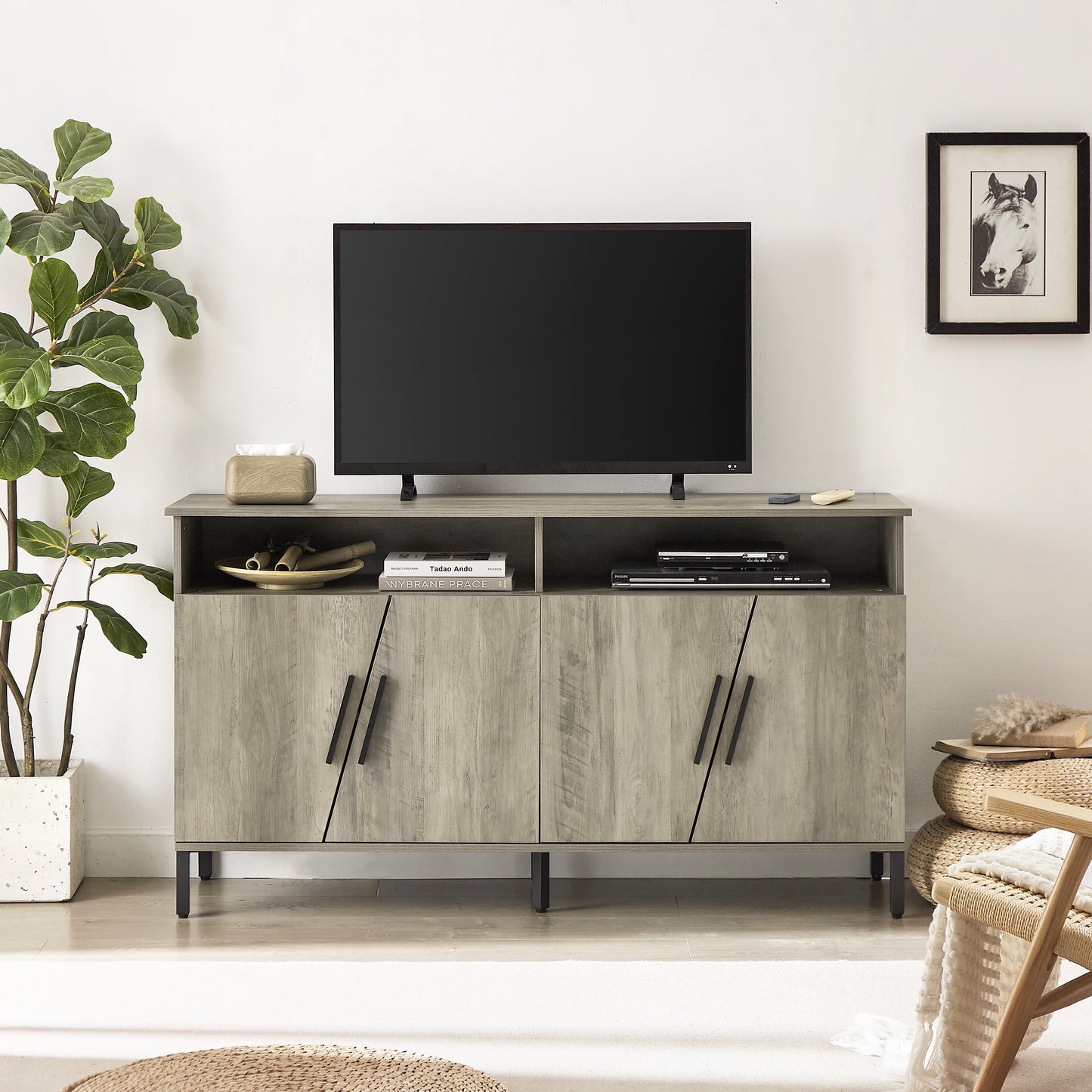 EUROCO Farmhouse TV Stand, TV station with storage and open drawers, entertainment center console table, living room media furniture.(Grey)