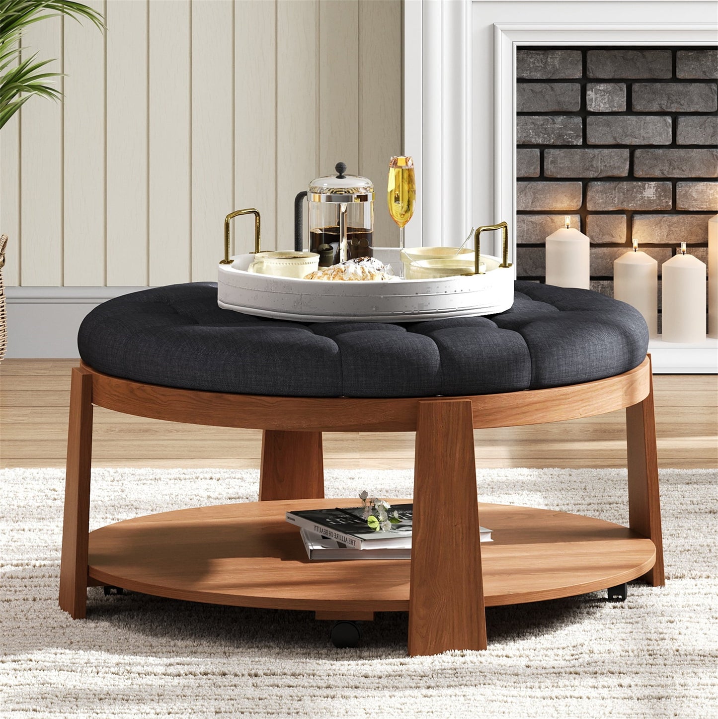 Euroco Large Round Ottoman Coffee Table 2-Tier Oversized Button Tufted Ottoman with Wood Shelf Storage Upholstered Coffee Table for Living Room Footrest Ottoman with wheel
