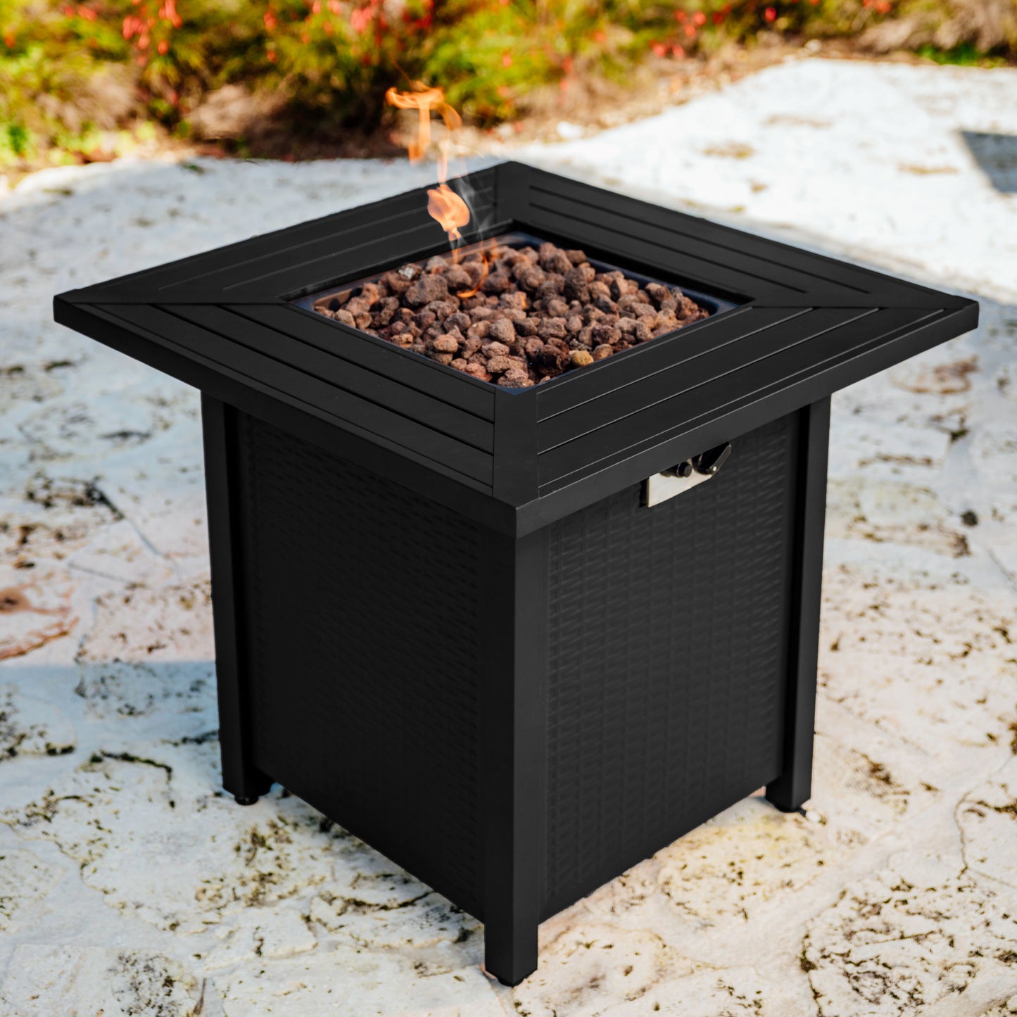 Hearth & HArbors 28” Propane Fire Pit Table for Outside with Lava Rocks, Weatherproof Protective Cover and Electronic Ignition, Black