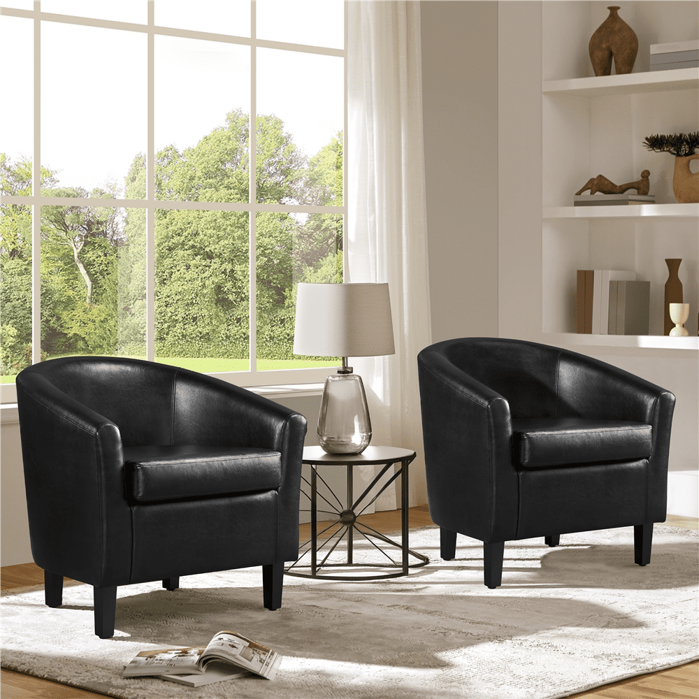 Renwick Faux Leather Barrel Accent Chair for Living Room, Set of 2, Black