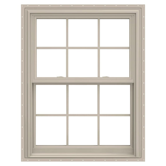 JELD-WEN V-2500 31-1/2-in x 37-1/2-in Desert Sand Desert Sand Vinyl New construction Double Hung Window Low-E argon Double Pane Glass with Grids (Full Screen Included)