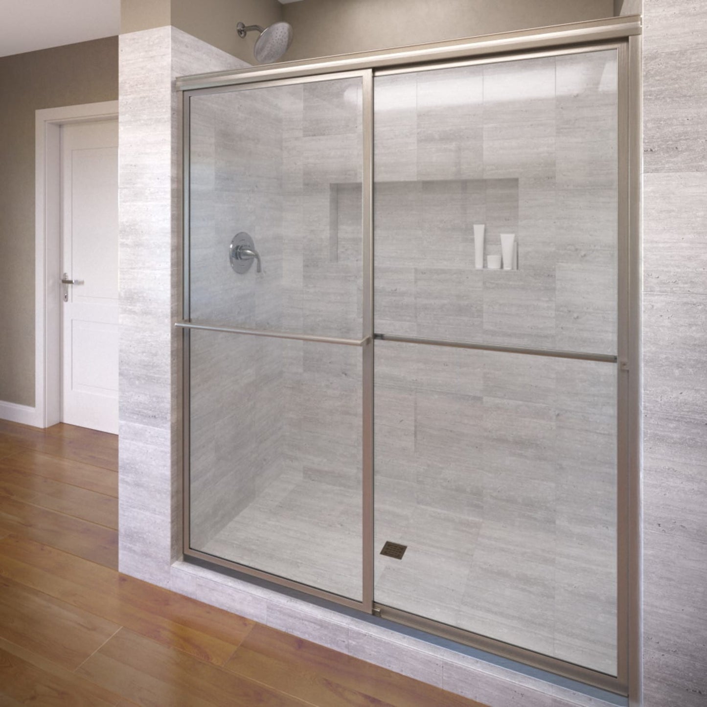 Basco Deluxe Brushed Nickel 57-in to 59-in W x 71.5-in H Framed Clear Glass Bypass Sliding Bathtub door