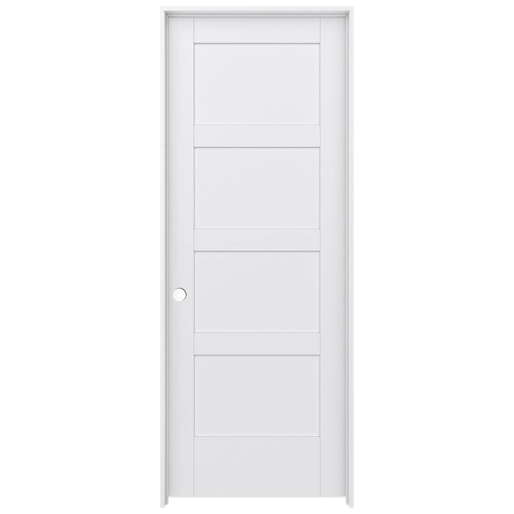 JELD-WEN 32-in x 80-in Primed Solid core 4 panel square Right hand Smooth Primed MDF Flat Jamb Single Prehung Interior Door