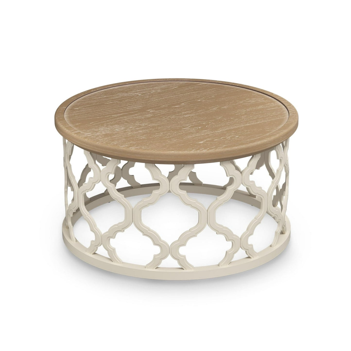 30" Farmhouse Coffee Table, French Round Coffee Table, Vintage Coffee Table with Distressed Wood Tray and Storage Shelf, Beige