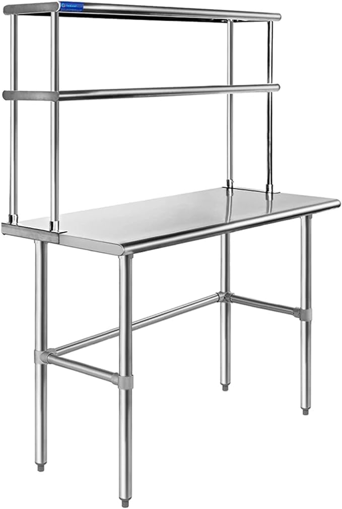 Express KitchQuip Stainless Steel with Wide Double Tier Overshelf | Metal Kitchen Prep Table & Shelving Combo (24" x 30" Open Base Table + 12" Overshelf)