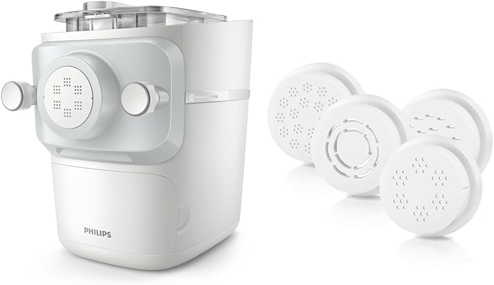 Philips 7000 Series Pasta Maker & Philips Avance Collection 4-in 1 Angel Hair, Pappardelle, Thick spaghetti & Tagliatelli, One size, Easy Clean, Perfect Texture and Taste, White (HR2404/05)