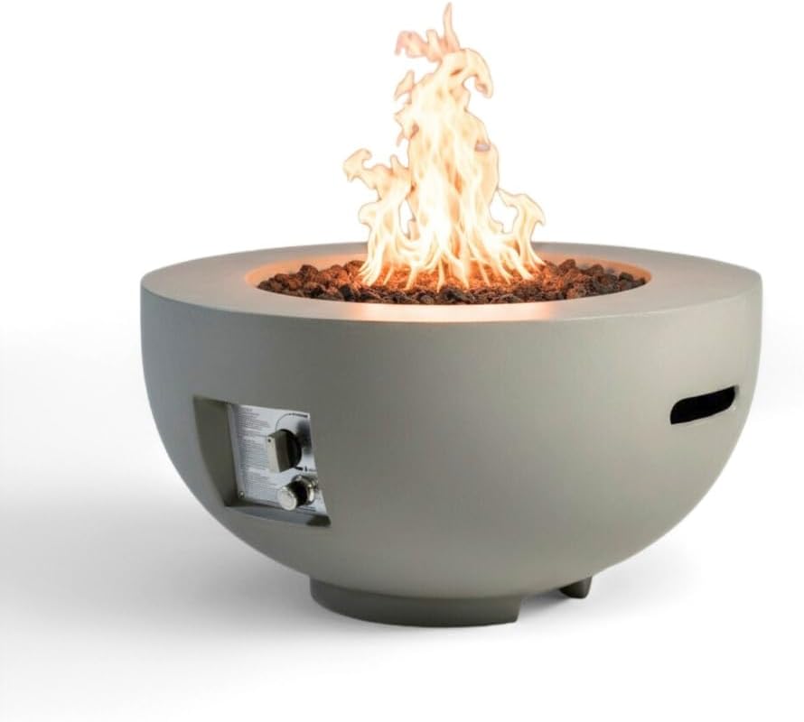 Outdoor Round Propane Fire Pit Table 28-inch, 40,000 BTU Light Concrete Fire Pit Bowl with Free Lava Rocks, Rain Cover and Burner Lid for Outside Patio, Garden, Deck, Light Grey