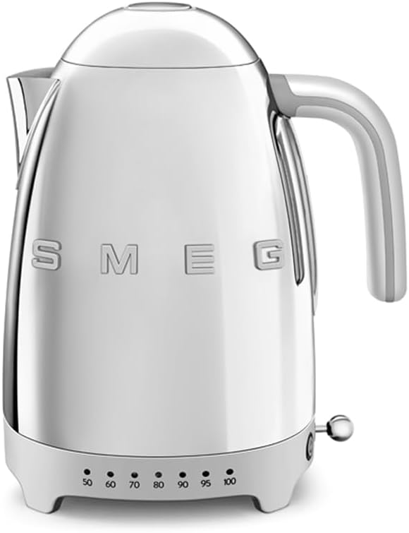 SMEG 7-Cup Variable Temperature Electric Kettle - Retro Style Aesthetic with Advanced Technology - Stainless Steel, 1400W, 120V, 360° Swivel Base, Keep Warm Function (Stainless Steel)